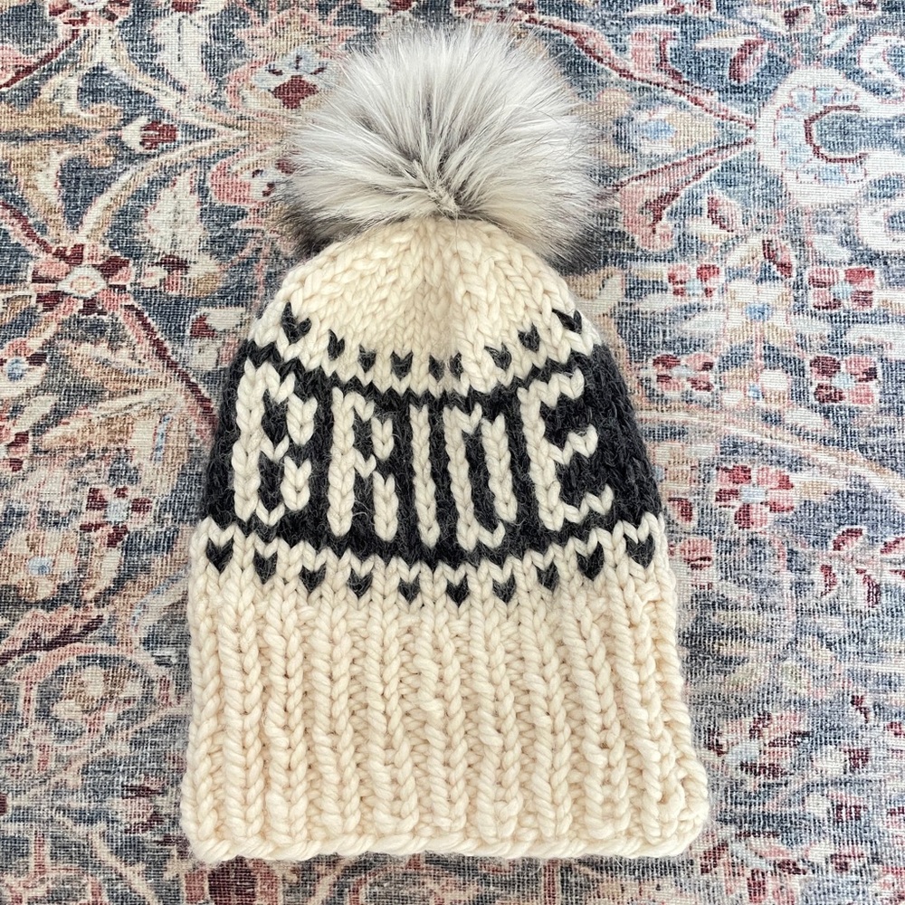 Crocheted Bride Beanie w/ faux fur Pom Pom | one-size